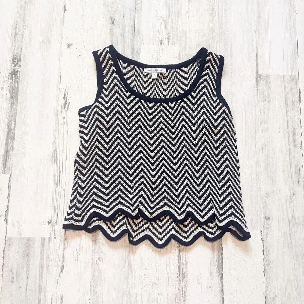 St. John Black White Santana Knit Chevron Stripe Tank Top Size M